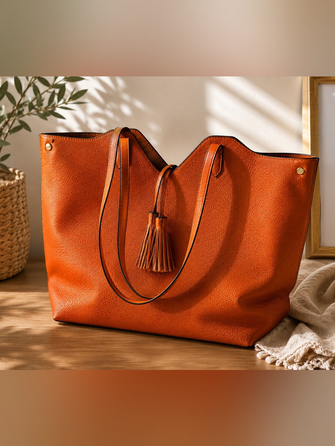 Neiman Marcus Orange Pebbled Leather Tassel Tote Shoulder Bag